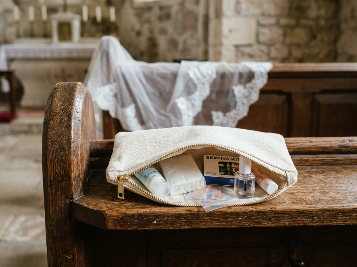 Trousse kit de survie mariage en toile ivoire posée sur un banc d'église avec accessoires de mariage essentiels