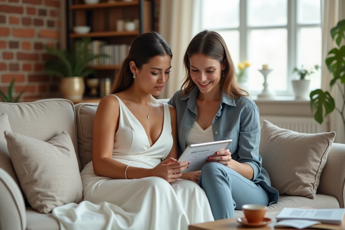 Deux femmes vérifiant ensemble une commande de robe de mariée en ligne sur une tablette pour éviter les arnaques