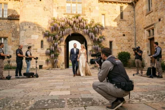 Équipe de vidéastes professionnels capturant un mariage dans une cour de château en Nouvelle-Aquitaine