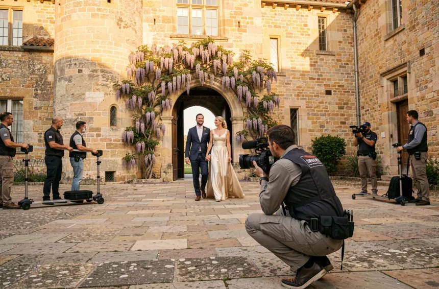 Équipe de vidéastes professionnels capturant un mariage dans une cour de château en Nouvelle-Aquitaine