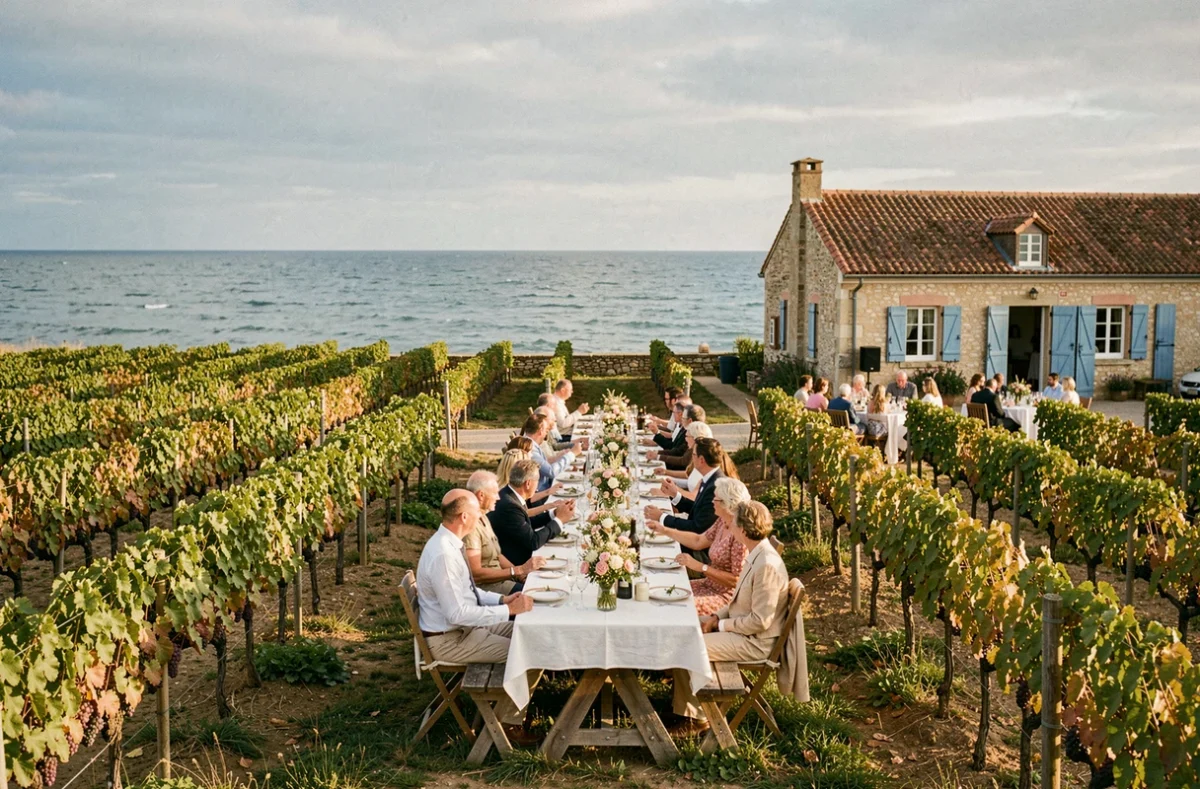 Réception de mariage entre les rangées de vignes du Vignoble Pinard Maxime sur l'Île d'Oléron avec décoration rustique et vue sur l'horizon atlantique