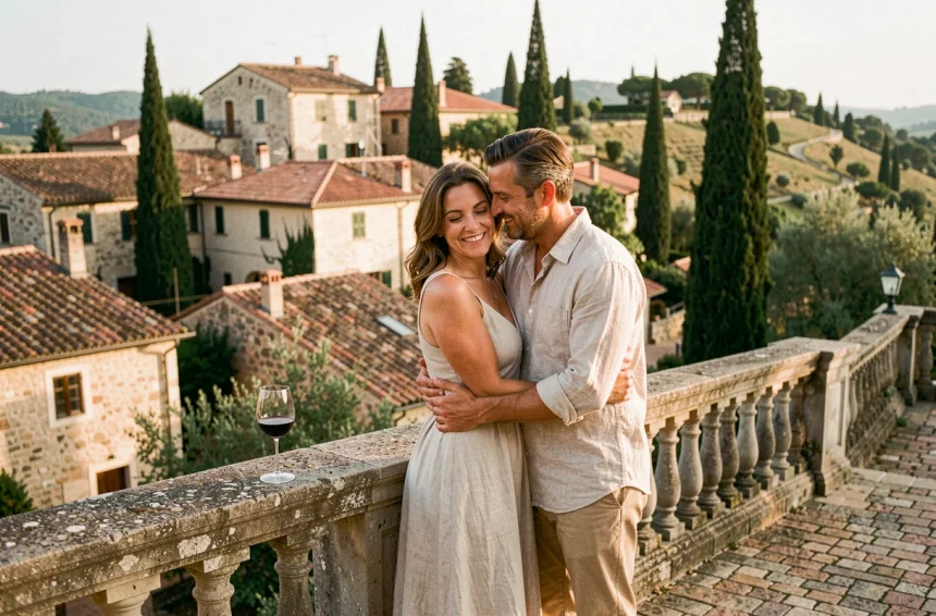 Couple en amoureux célébrant 21 ans de mariage sur une terrasse en Provence avec vue sur un village méditerranéen